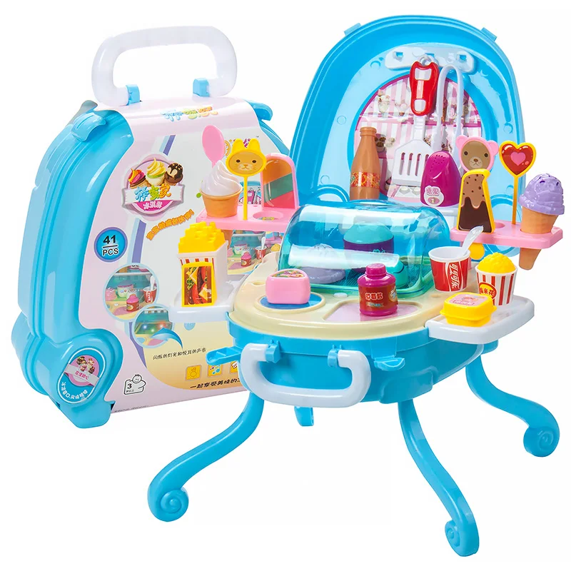 

Children Kitchen Ice-cream Toy With Light Sound Large Simulation Table Plastic Suitcase Pretend Play Educational Toy Kids