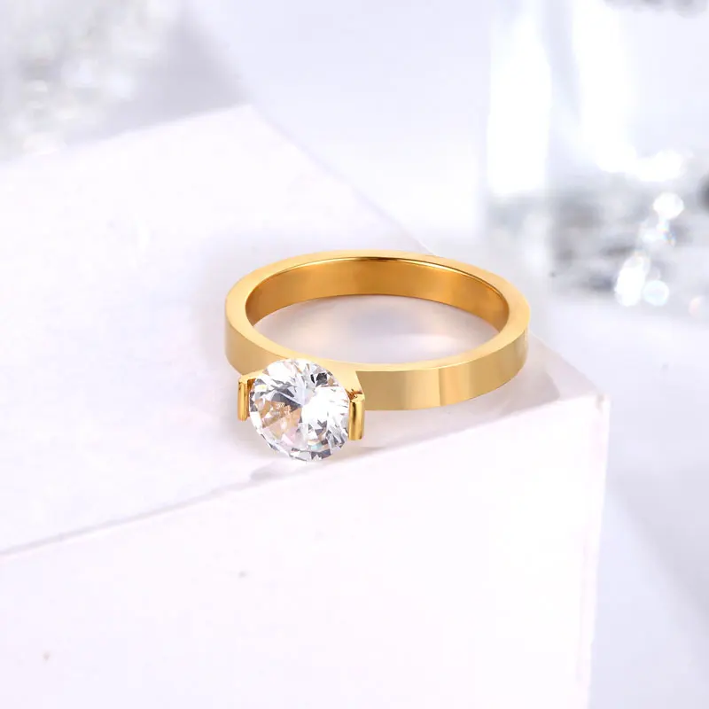 1 Carat Crystal Ring for Wedding Titanium Steel Gold Color Jewelry Woman Ring