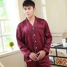 Новое поступление, мужской пижамный комплект, Шелковый на ощупь, комплект для сна, Повседневная рубашка и штаны, 2 предмета, одежда для сна, новая осенняя Домашняя одежда, свободные пижамы, костюм