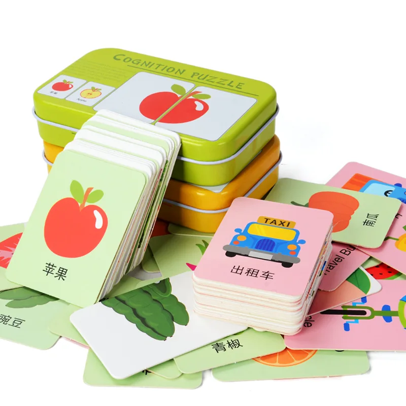 1 комплект, Детские когнитивные карточки для малышей, железный ящик, Развивающий пазл, игрушки, подходящие для игры, транспорт, фрукты, животные, предметы первой необходимости