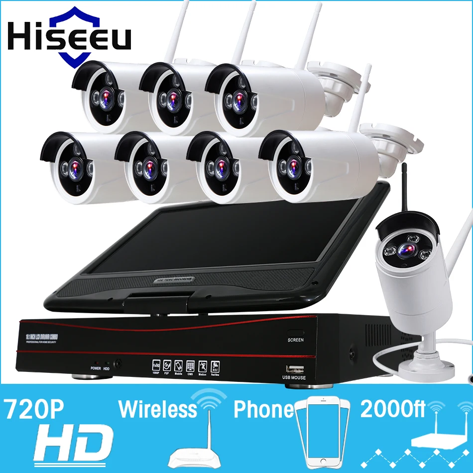  10 Inch Displayer 8CH 720P Wireless CCTV System Wireless NVR IP Camera IR-CUT Bullet CCTV Home Security System CCTV Kits Hiseeu 