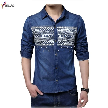 

2017 High Quality 100%Cotton Jeans Shirts Male Slim Fit Solid Long Sleeve Denim Shirt Men Clothes Casual Chemise Homme Plus 5XL