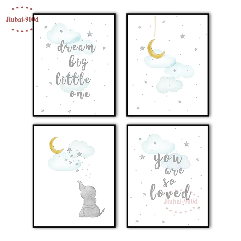 

Set of 4 Cartoon Kids Room Decoration Animal Posters and Prints Canvas Painting Nursery Wall Art Cute Elephant Picture NUR12