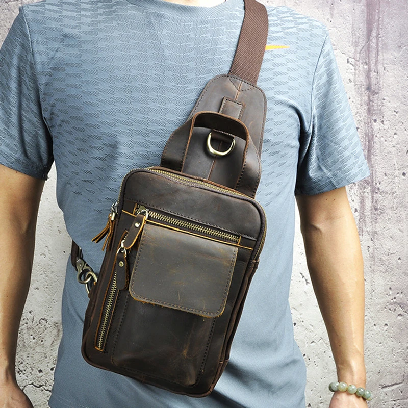 

Crazy Horse Cowhide Single Back Day Pack Men Sling Shoulder Bag Multi-Pockets Genuine Leather Crossbody Messenger Chest Bags