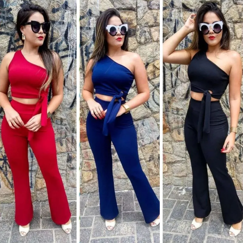 

2018 Summer Two Piece Set Women One Shoulder Crop Top And High Waist Ankle-Length Pants Sexy Outfits