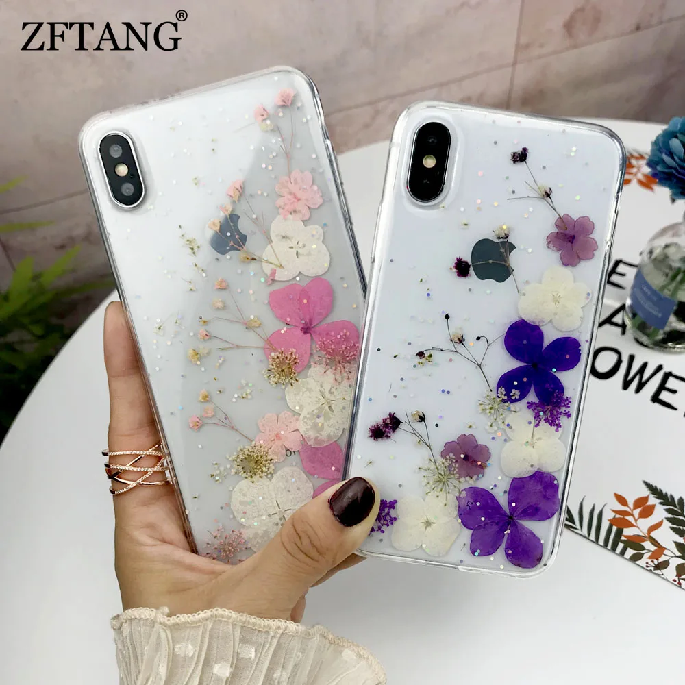 

Real Dried Flower Phone Case For iPhone X 7 6 6S 8 Plus Transparent Soft TPU Silicone Back Cover For iPhone XS Max XR Cases Capa