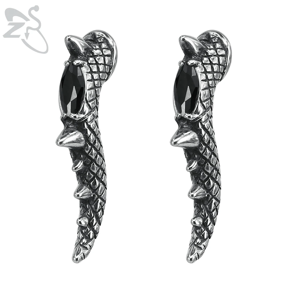 

Stainless Steel Punk Man's Stud Earring White Black Cubic Zircon Long Animal Design Earring Studs Fashion Ear Piercing Jewelry