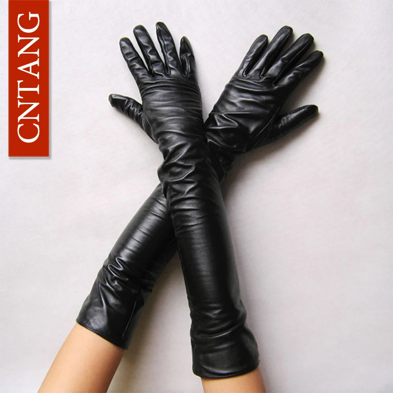 New 2017 Women Fashion Gloves Black Long Leather Gloves 40cm & 50cm