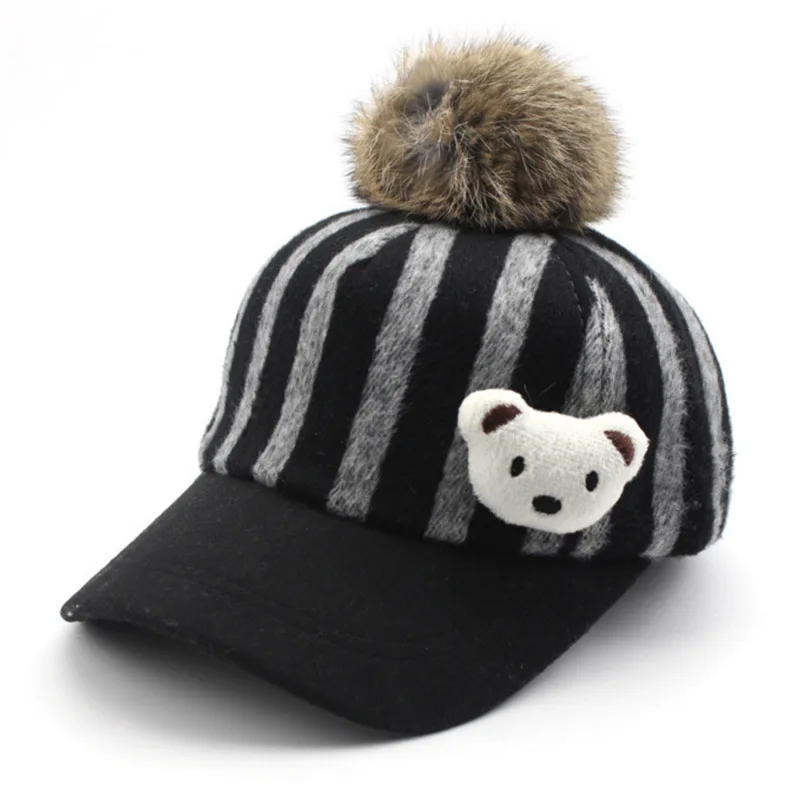 Новые дети мальчики девочки зима Шапки Бейсбол меховые шапки мяч Snapback шляпа для детей в полоску Outerdoor теплая Повседневное Hat touca inverno - Цвет: black