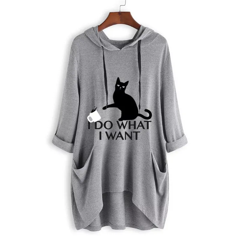 

2019 Top T-Shirt Women Casual Print Cat Ear Hooded T-Shirt Long Sleeves Pocket Irregular Fashion New Top Femme A#24