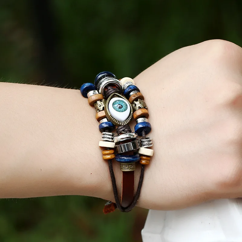

New Trendy beaded eye leather Vintage bracelet adjustable men women leather bracelet Fashion Party jewelry Gift 2019 wholesale