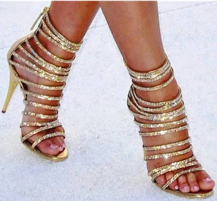 

Gold Crystals Peep Toe Sexy High Heels Stiletto Luxury Rhinestones Strappy Sandals Gladiator Summer Sandals Women Party