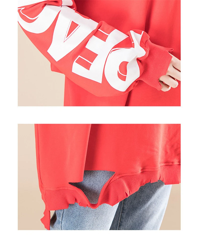 Агсзш Harajuku футболка Для женщин хлопок большой Размеры красный с длинными рукавами в Корейском стиле футболка Для женщин отверстие по