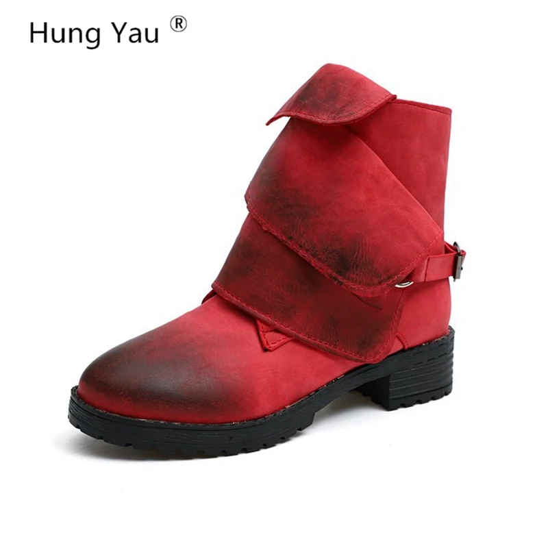 

Hung Yau Fashion Red Medium Military Boots Women Buckle PU Leather Patchwork Shoes sapatos mulheres conforto Plus Size 35-43