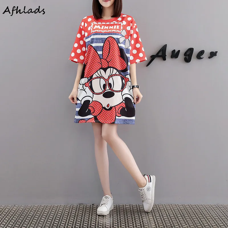 

Summer Loose Round Neck Cartoon Print Short-Sleeved T-Shirt Women Casual Large Size Dot Fashion T-Shirt Top M-2XL