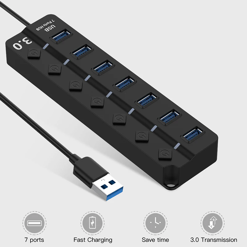 7 Port USB Hub USB3.0 Hub Plug High Speed Splitter Adapter For Laptop PC Macbook
