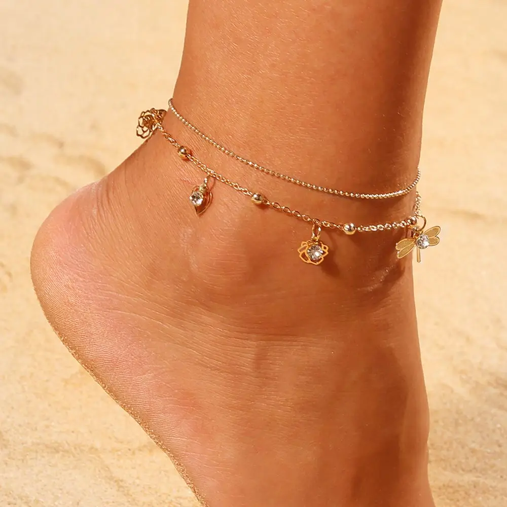 Buy Gold Boho Butterfly Dragonfly Flower Heart Multilayer Anklet Beach Foot