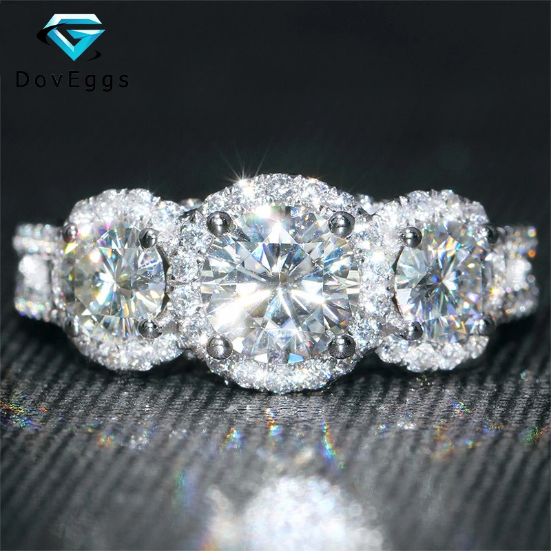 

DovEggs Solid 14K 585 White Gold 2 Carat F Color Round Brilliant Lab Grown Moissanite Diamond Three Stone Halo Engagement Ring