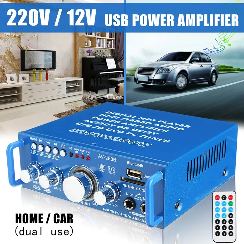 

Universal 220V/12V Mini Dual Use Audio Power Amplifier Stereo USB SD FM bluetooth Hi-Fi Player For Home Stage Car Remote Control