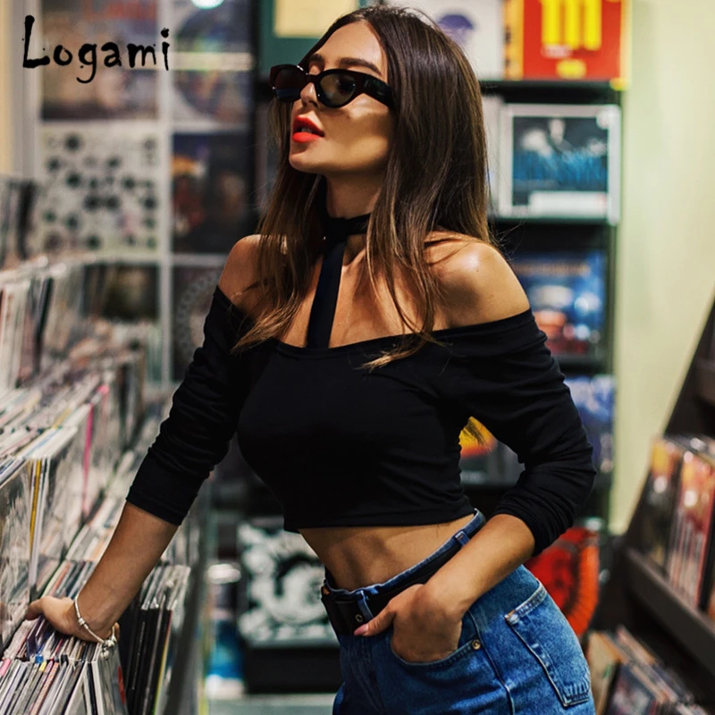 

LOGAMI Long Sleeve T Shirt Women Halter Sexy T Shirt Femme Spring Summer Off Shoulder Crop Top Black