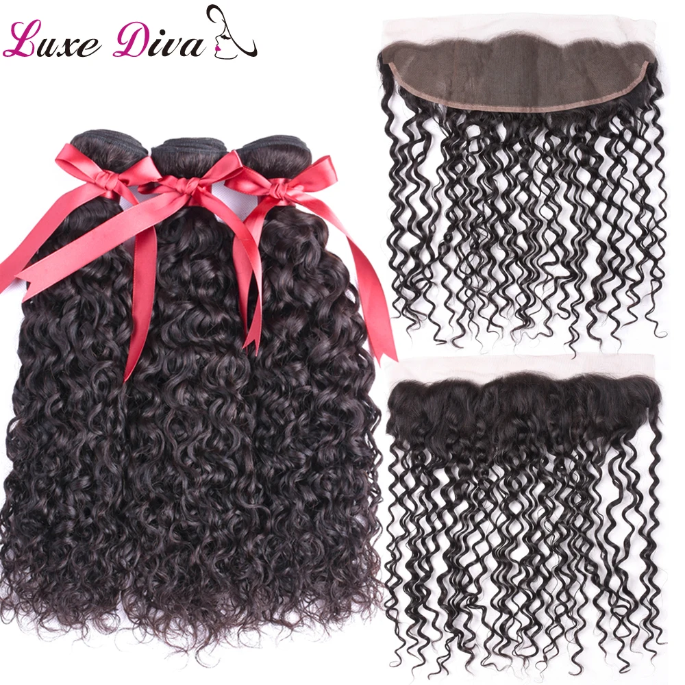 

Water Wave Bundles With Frontal Brazilian 3 Bundles With Closure Remy Human Hair 13x4 Lace Frontal With Bundles Black LUXE DIVA