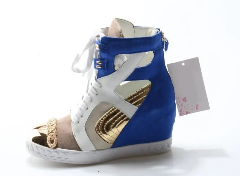 

Patchwork Mixed Color Suede Gold Chain Ankle Boots Women Lace-up High top Shoes Height Increasing Shoes Real Photo