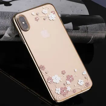 

Bling Thin Floral Phone Case Back Cover For iPhone X XS Max XR XS 10 Clear Hard Shell Crystals Diamond Shockproof Women Kingxbar