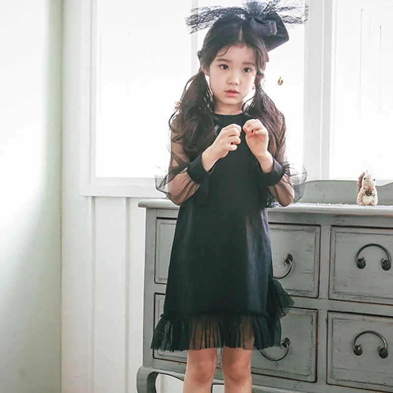 

mesh sleeve patchwork kids dress 2018 ruffles baby teenagers girl dress summer spring long sleeved knee length kids dresses