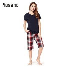Yusano женский пижамный комплект Модальная летняя Пижама с v-образным вырезом Комплект топ с короткими рукавами брюки средней длины клетчатая Пижама с карманами