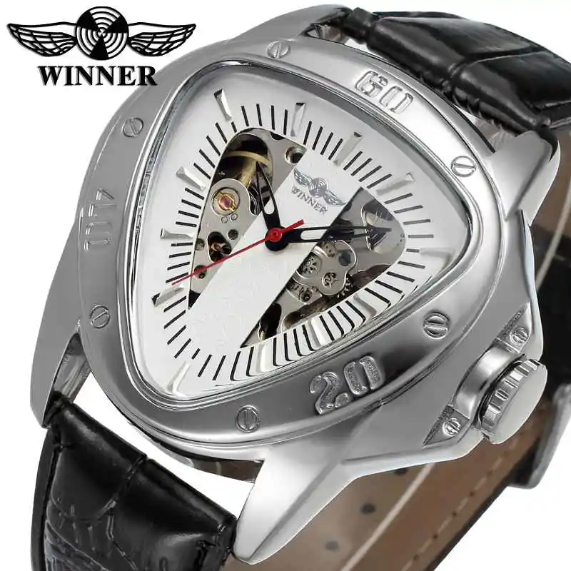 Unique Triangle Full Steel Luxury Luminous Automatic Mechanical Skeleton Dial Leather Band Wrist