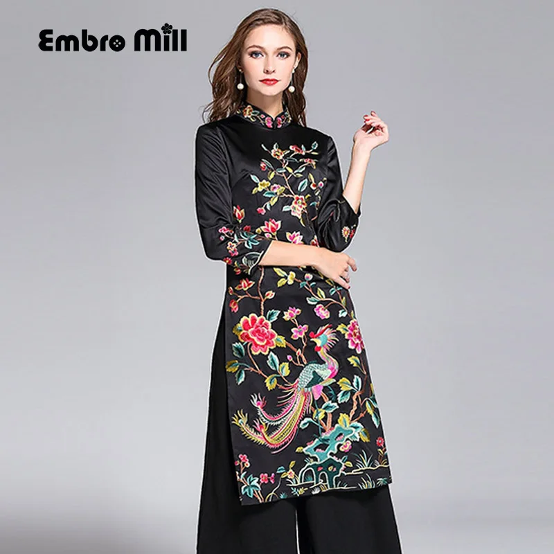 High end floral autumn women Chinese style midi dress embroidery ...