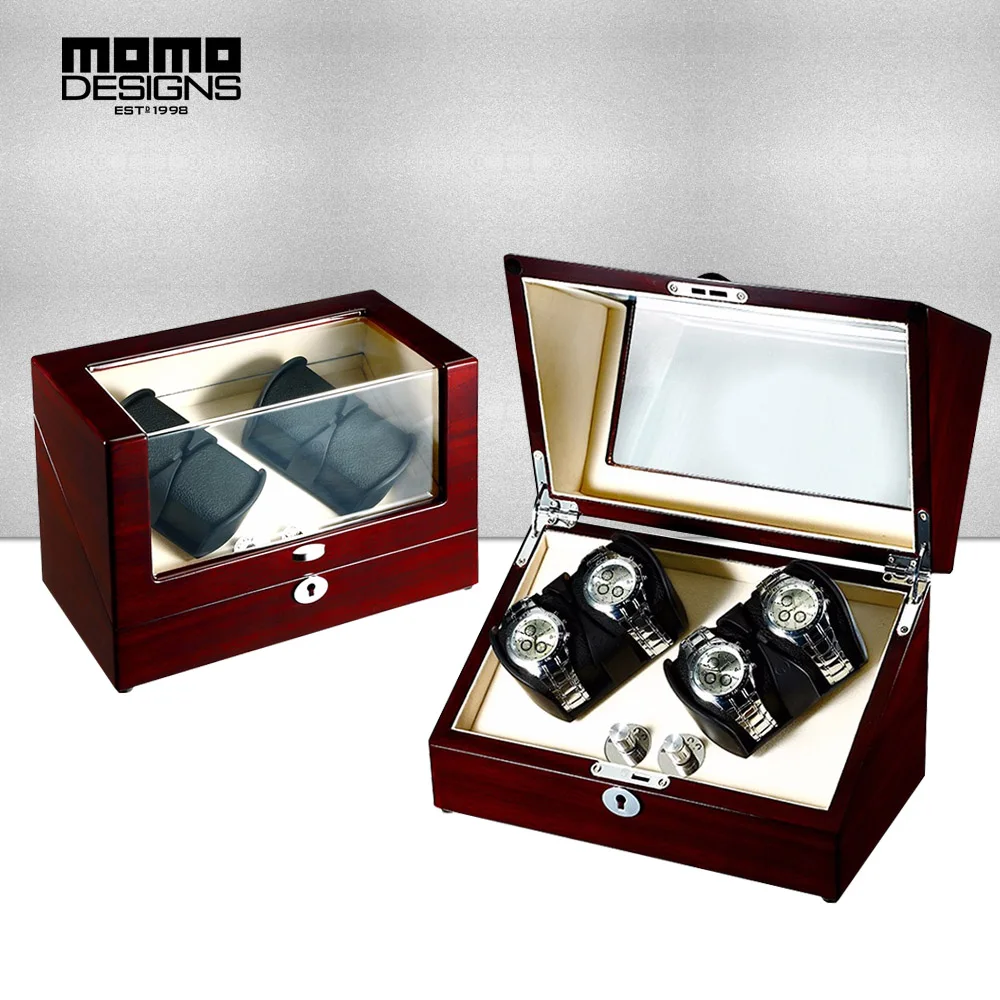 

HOT SELL Wooden watch winder machine box for 4 automatic watches with Double rotors Elastic pillow and Top window