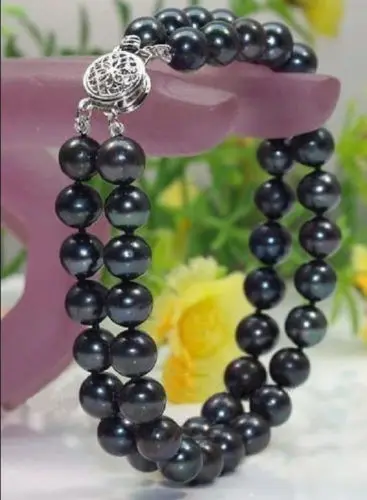 

Free shipping >>>>>>NATURAL image 2 ROW AAA 9-10MM SOUTH SEA BLACK PEARL BRACELET 7.5-8