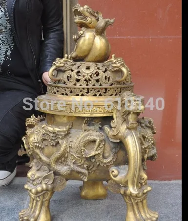

K@@AA@25"China Brass Evil Dragon Foo Dog Lion Beast lucky statue Incense Burner Censer