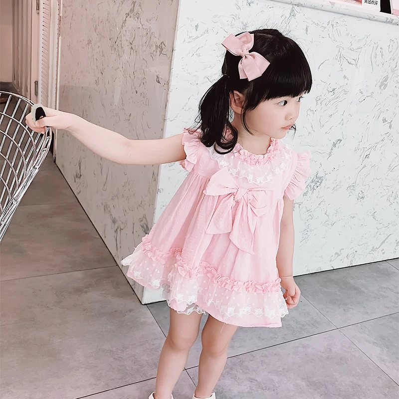 

Summer baby girls spanish vintage style lace dress children 2 pcs dress + shorts big bow princess dress kids brithday dress w517