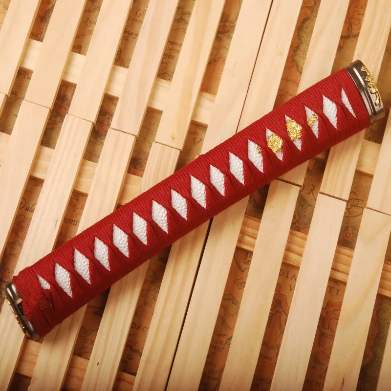 

New Straight Tsuka Red Silk Ito & Imitated White Rayskin & Alloy Fuchi Kashira for Japanese Sword Katana Handle Fitting H34