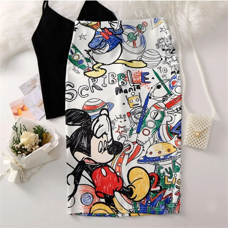 

IOLPR Fashion Women Skirts Print Flowers Pencil Skirt Summer Casual Cartoon doodle Skirts Stretch Plus Size Faldas Mujer Jupe