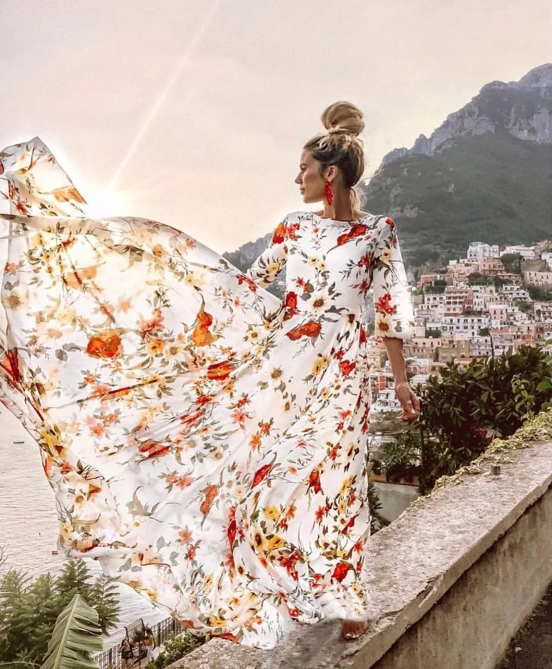 

Puff Sleeve O Neck Sexy Bohemian Beach Dresses Loose Patchwork Zipper Maxi Runway Dress Floral Printed White Spring Vestido