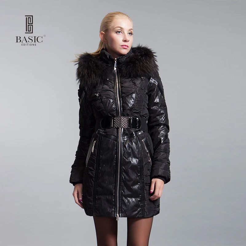 Basic Editions Длинная Женщиная Jacke Парка с Лисицы Пером Тонкий Женский Пуховик ZY11054