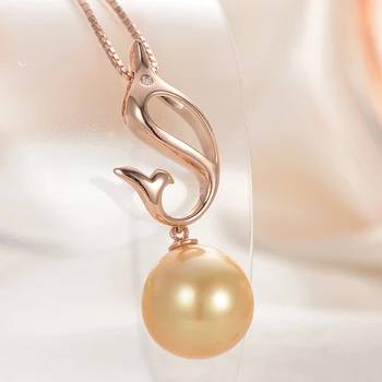 

gNpearl 18K Gold Natural Round Sea Pearl Necklace 925 Silver Simple Pendant Necklaces For Women Gift With Small Diamonds