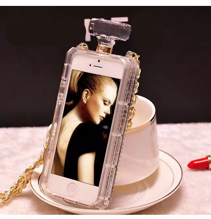 HOCAYU Penutup Handphone untuk Gadis Mewah Berlian Parfum Botol Jewelled Chic Kembali Shell dengan Mutiara Leher Lanyard Lembut Capa