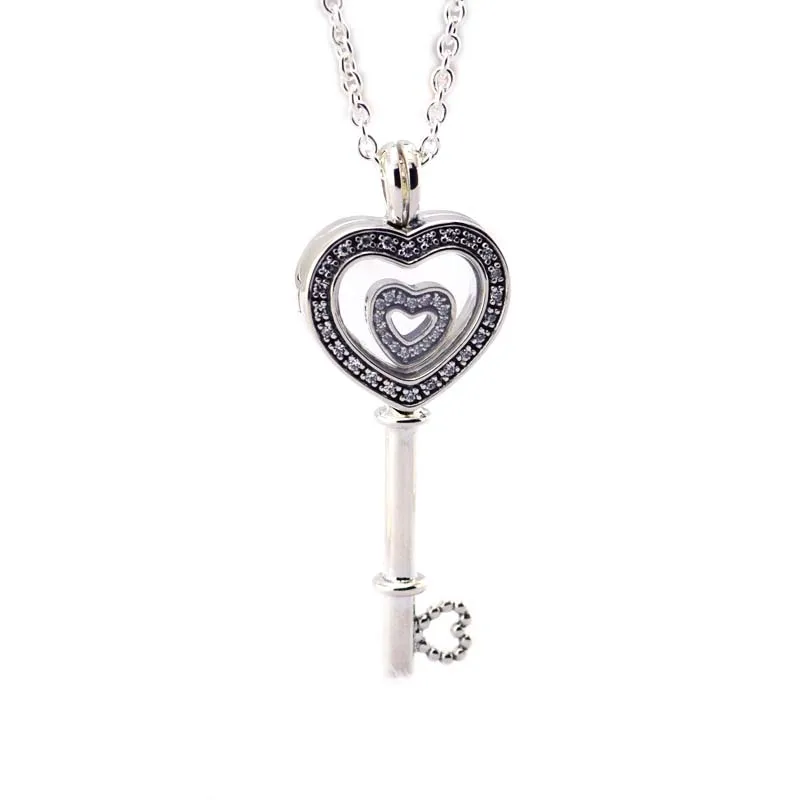 

Key Necklace 100% 925 Sterling Silver Floating Locket Heart Sapphire Crystal & Clear Cz Pendant Necklaces for Women Gift PFN053