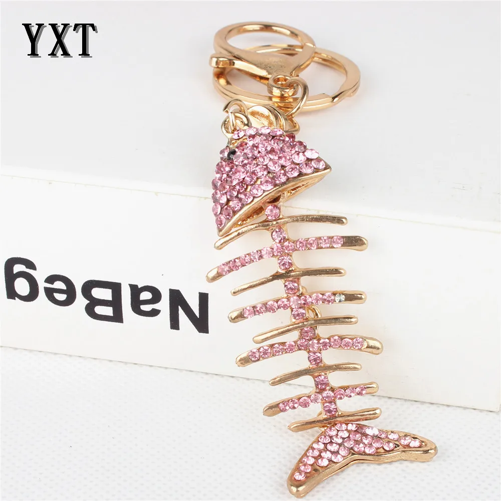 Lovely Pink Fish Fishbone Moveable Pendant Cute Rhinestone Crystal Car