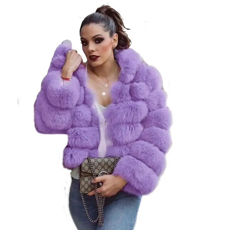 Fashion S-3XL Winter Luxury Faux Fox Fur Coat Slim Pink Purple Faux Fur Jacket Women Fake Fur Coats With Hat manteau fourrure
