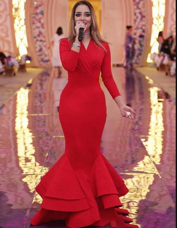 061Saudi Arabic Long Sleeves Red Evening Dresses V Neck Tier Ruffles Skirt Long Sleeves Formal Dresses 2018 Prom Party Gowns Celebrity Dresses