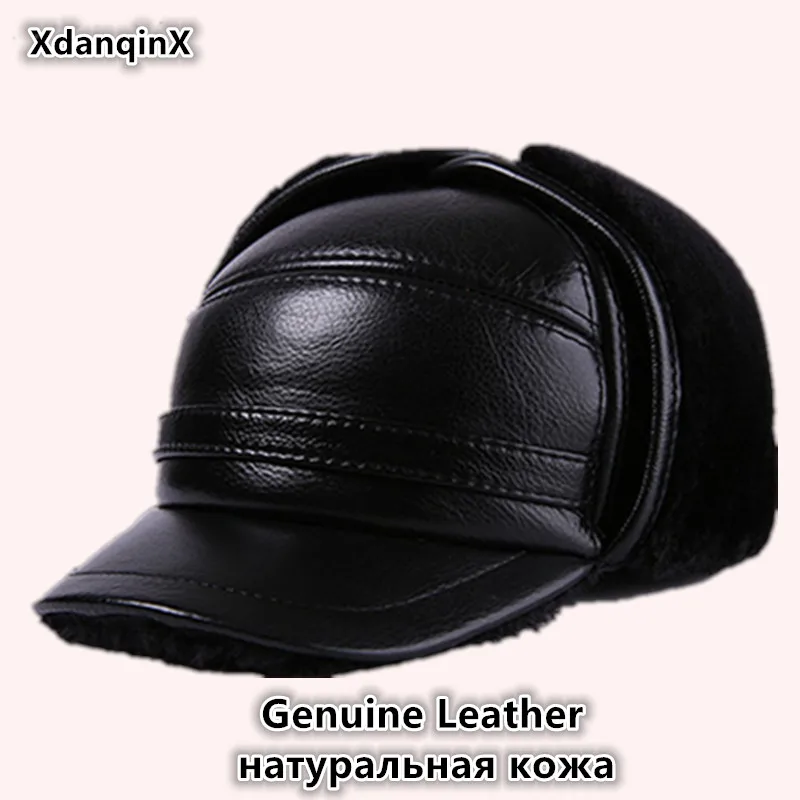 

XdanqinX Winter Men's Genuine Leather Hat Cowhide Leather Earmuffs Hats Warm Baseball Caps With Ears Plush Thick Middle-aged Cap