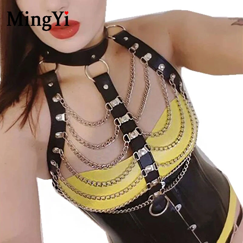 Hot Adjustable Leather Chain Bra Harness Women Goth Cage Body Bralette Belt Club