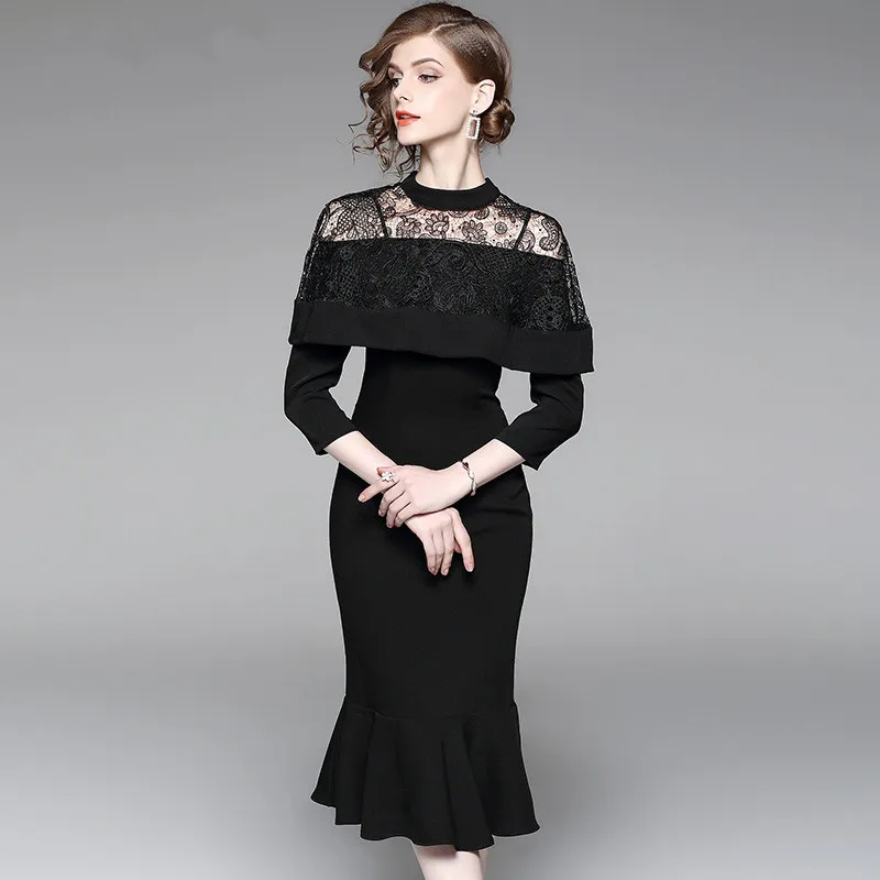 Elegant Women Black Knee Length ladies formal dresses for work Office wear business party sheath