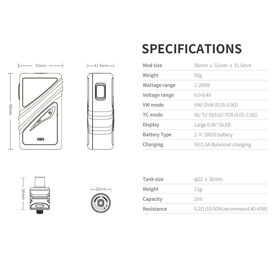 Original Smoant Taggerz Kit 200W TC Box Mod With 2ml Taggerz Disposable Tank By Dual 18650 Battery E Cigarette Vape Kit