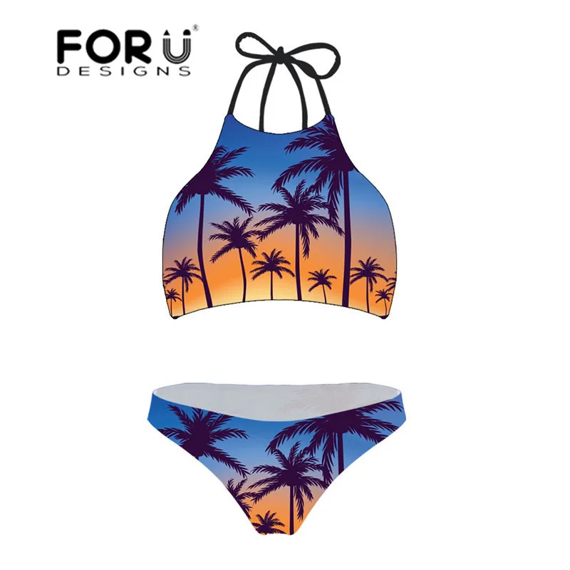 

FORUDESGINS Palm Tree Printed Swimwear Women Plus Size Sexy Bikini Swimming Suit for Women Halter Swim Suit High Neck Beach Wear